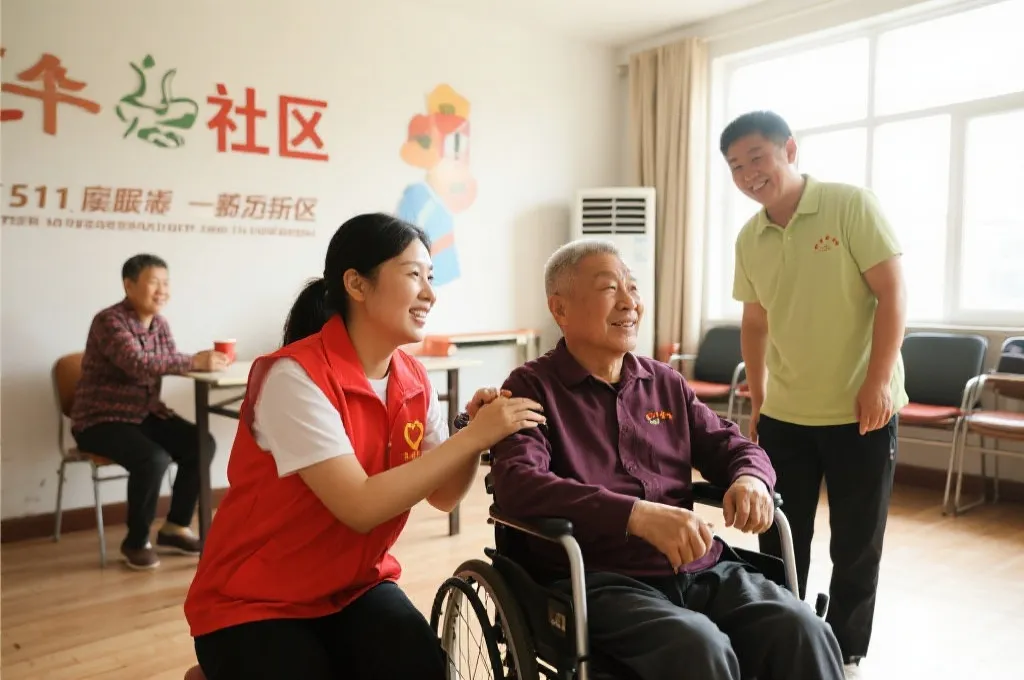 志愿者在社区服务中心帮助残疾人
